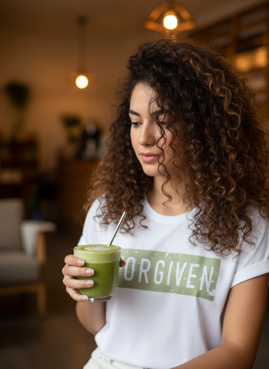 Woman holding a green smoothie with a 'Forgiven' shirt in a casual setting