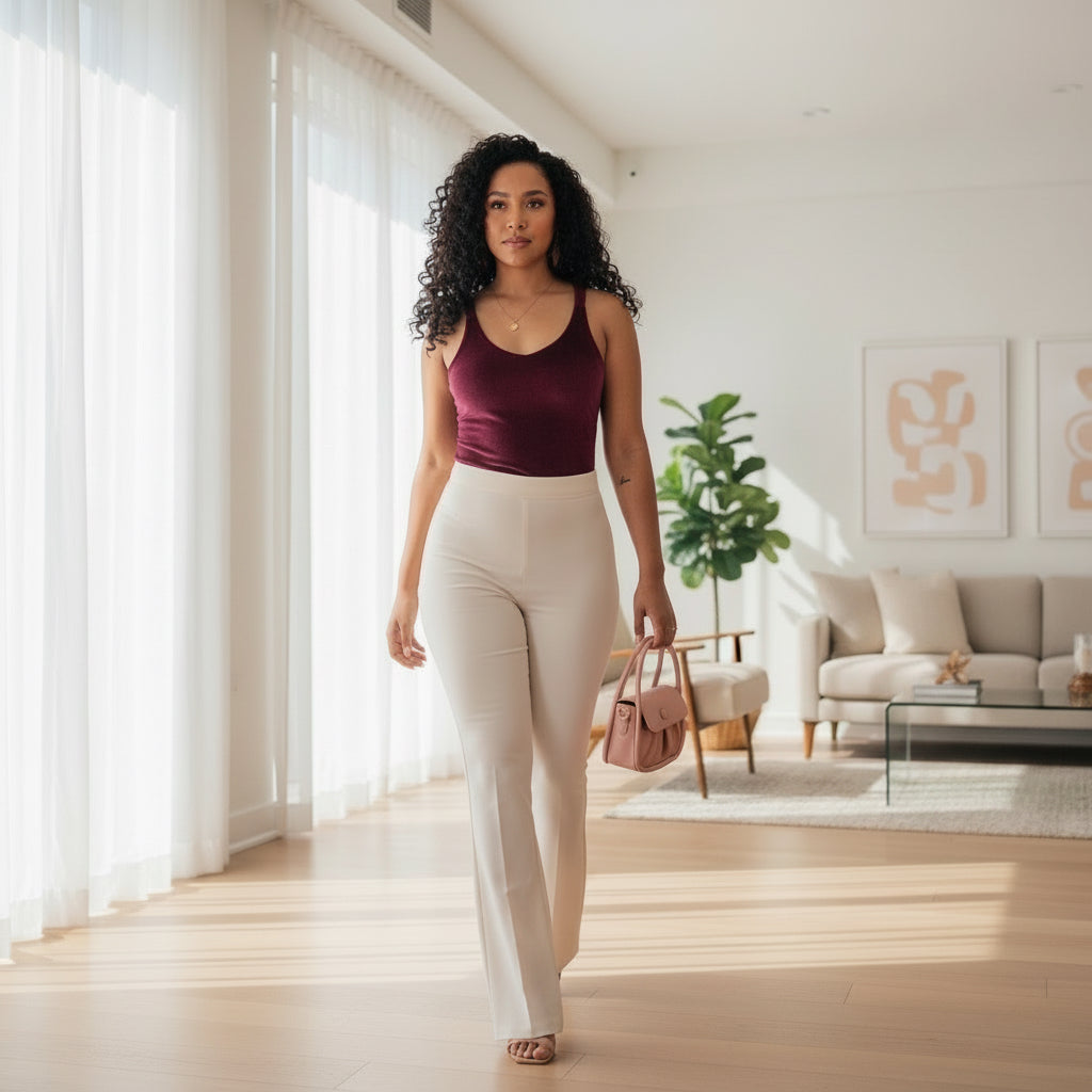 Woman walking in a modern living room wearing a burgundy top and beige pants.