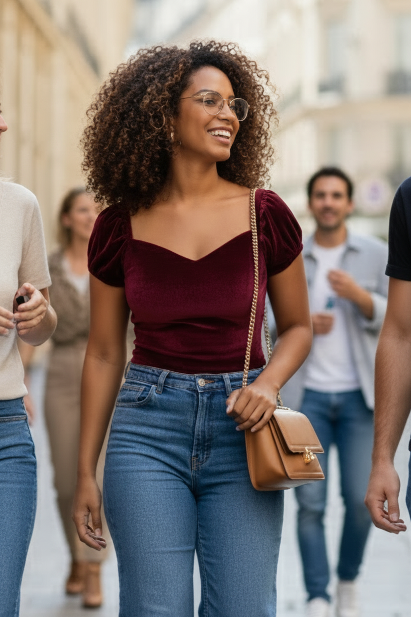Woman walking outdoors wearing a burgundy top and blue jeans, holding a brown handbag.