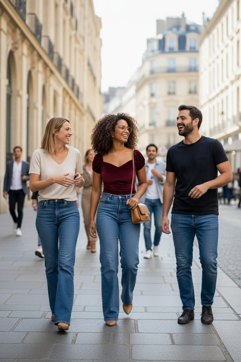 Three friends walking together on a city street