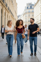 Three friends walking together on a city street
