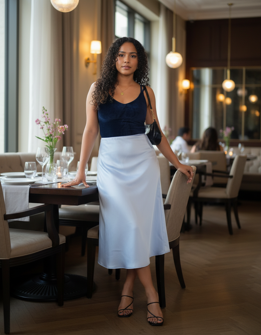 Woman standing in a restaurant with tables and chairs in the background