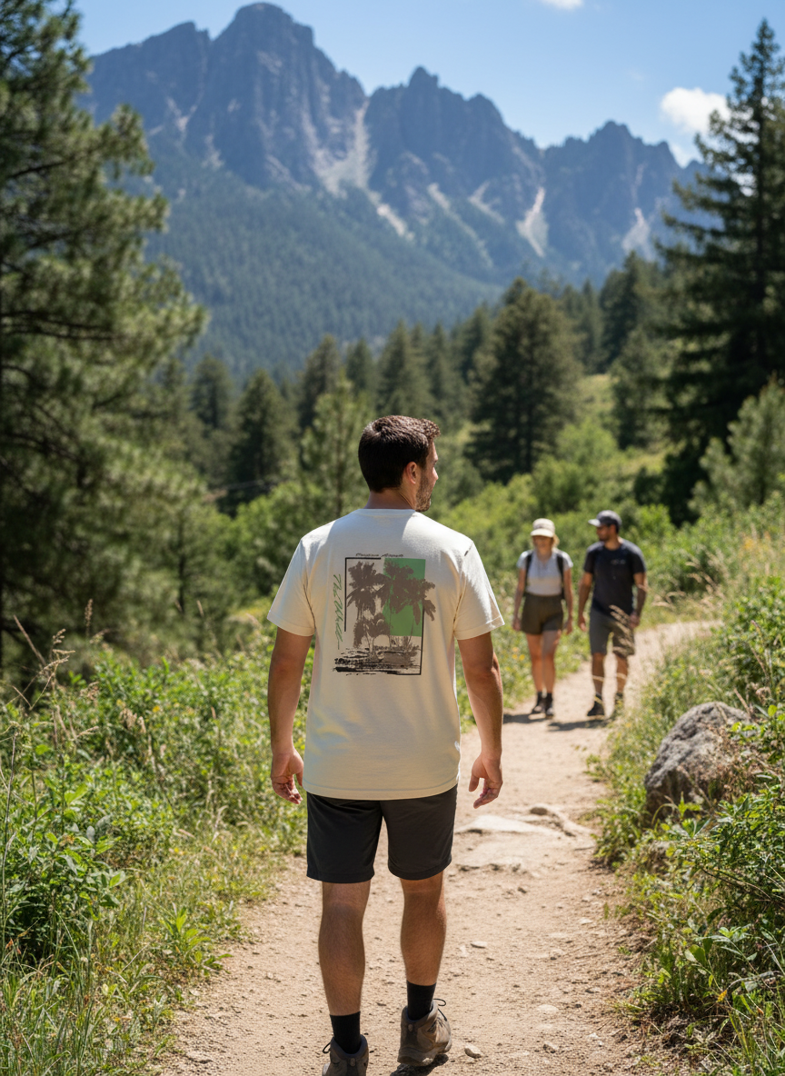 People hiking on a trail with mountains and trees in the background