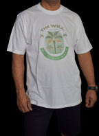 White t-shirt with a palm tree design and text worn by a person on a black background