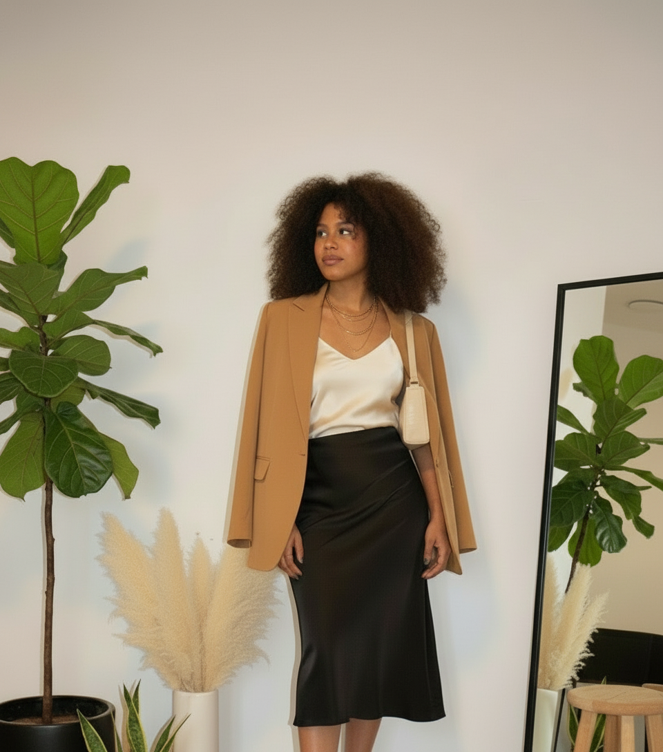 Woman standing in a room with plants and a mirror, wearing a beige blazer and black skirt.