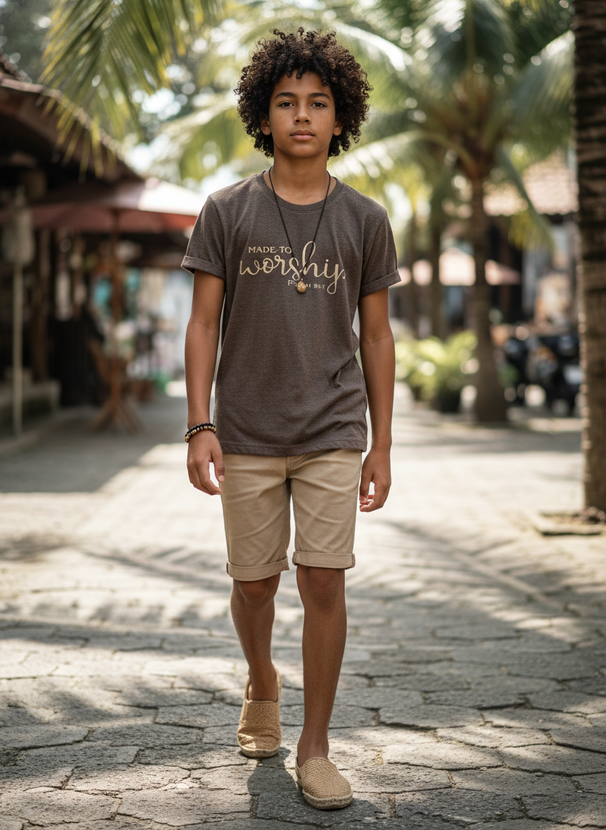 Young boy standing on a stone path with palm trees in the background