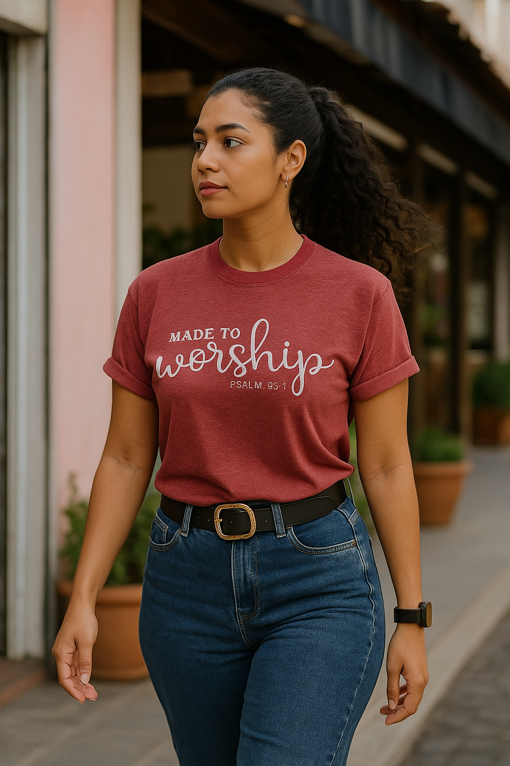 Woman wearing a red 'Made to Worship' t-shirt walking outdoors.