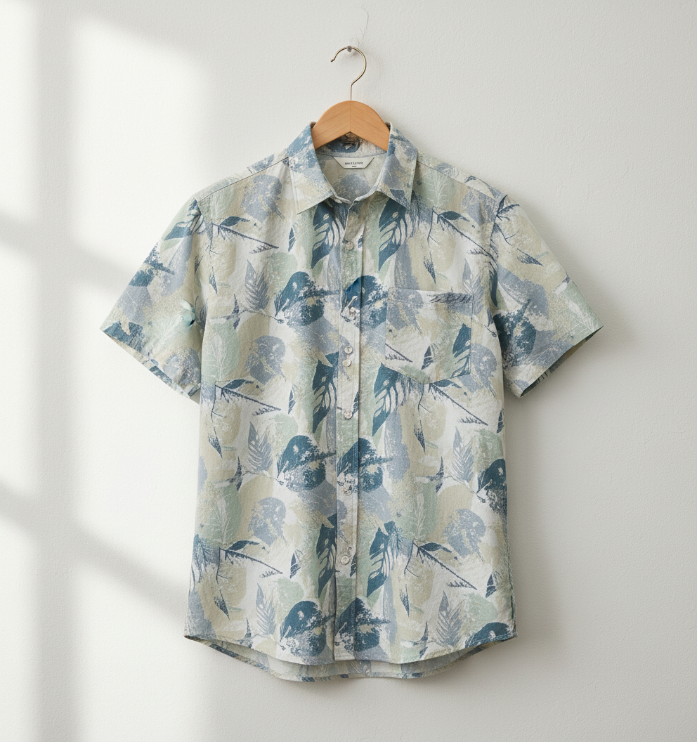 Short-sleeve shirt with blue floral pattern on a hanger against a white background