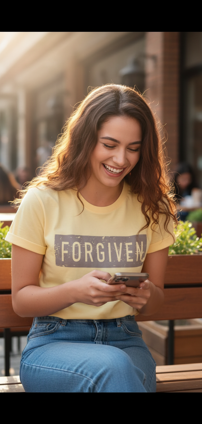 Woman sitting on a bench wearing a yellow t-shirt with 'FORGIVEN' text, using a phone.