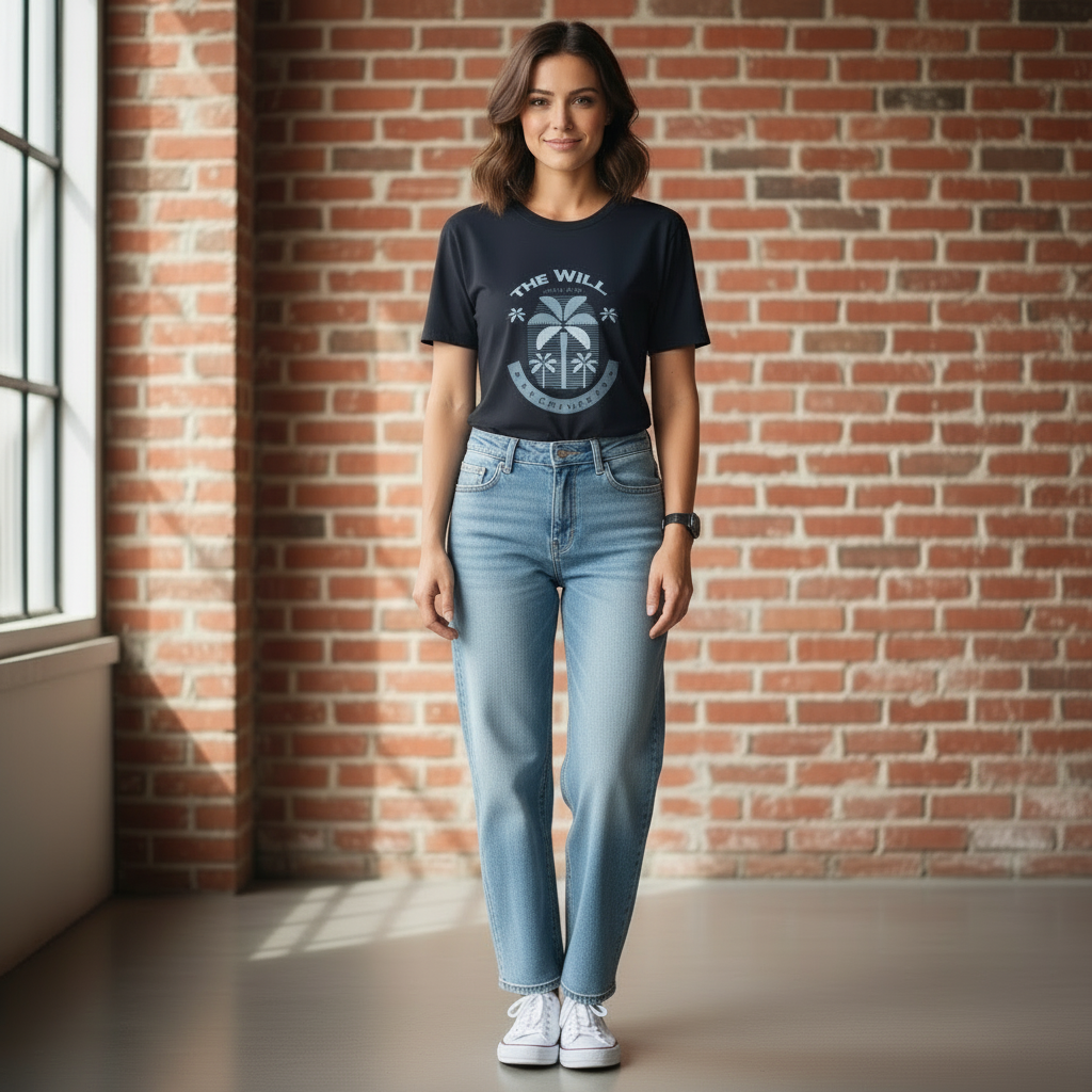 Woman wearing a black t-shirt with a palm tree design and blue jeans standing against a brick wall.