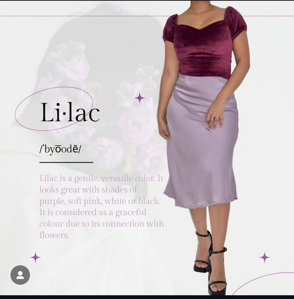 Woman wearing a two-tone dress with a maroon top and lavender skirt, with 'Lilac' text and definition on a white background.