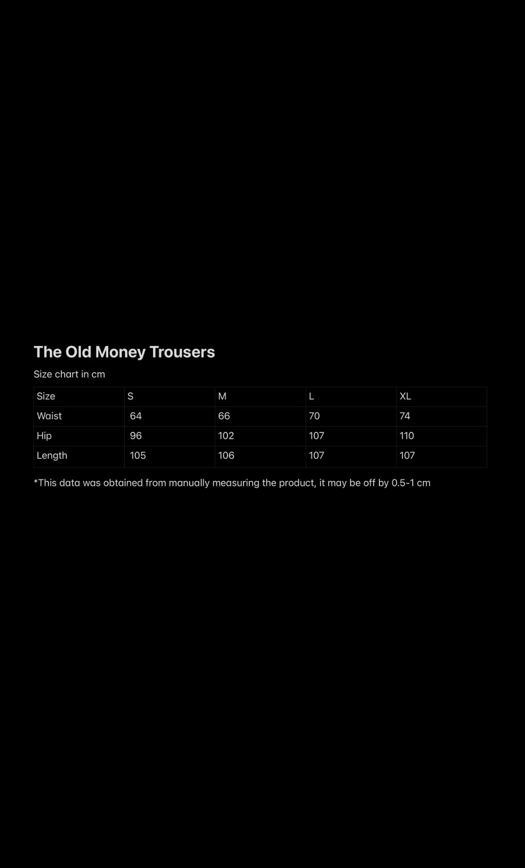 Size chart for 'The Old Money Trouser' with measurements in centimeters.
