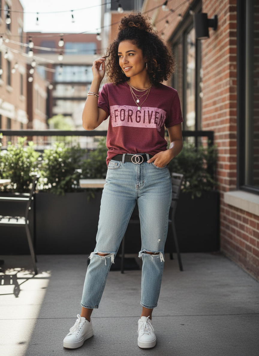 Woman wearing a maroon t-shirt with 'FORGIVE' printed on it, light blue jeans, and white sneakers in an urban setting.