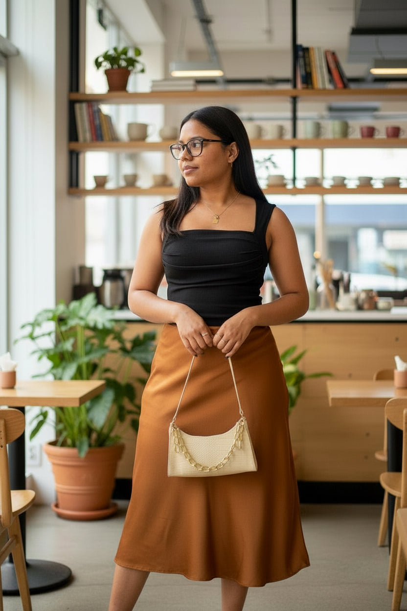 Woman in a black top and brown skirt holding a beige handbag in a cafe.