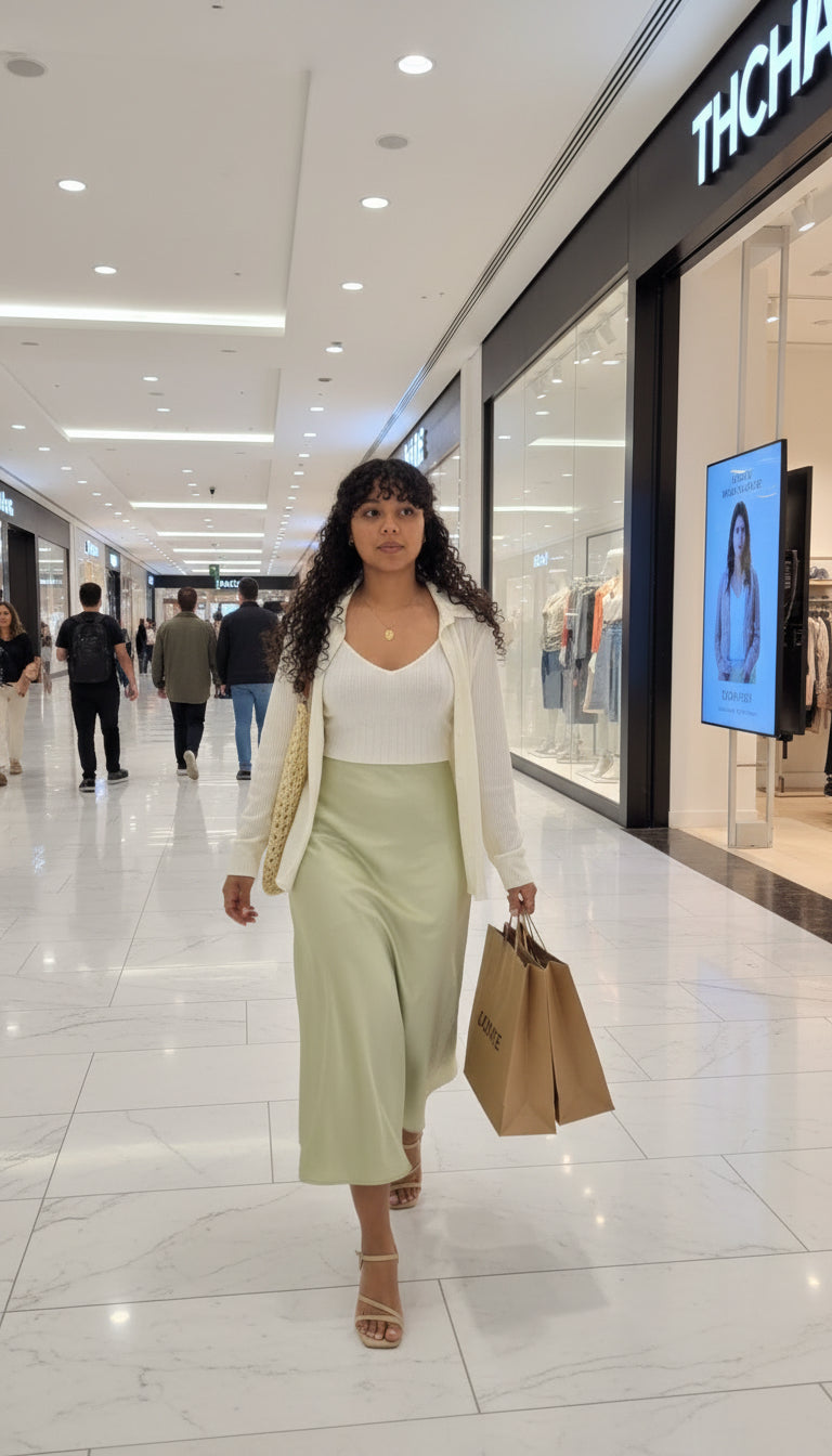 Woman walking through a shopping mall wearing a white top and light green skirt.