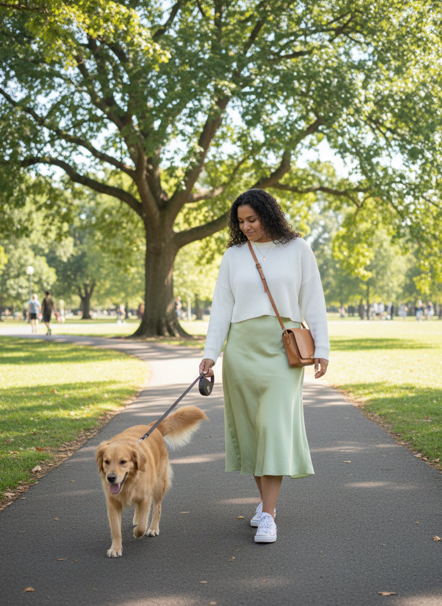 Woman walking a dog in a park on a sunny day