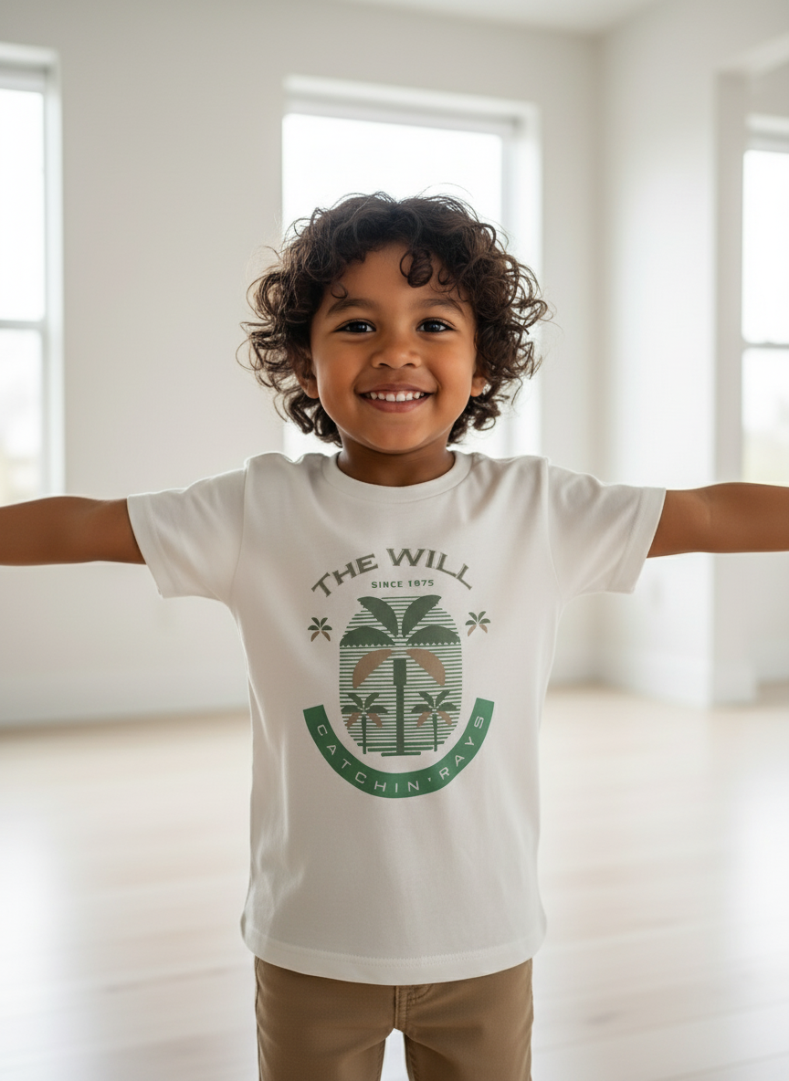 Child wearing a white t-shirt with a logo and text, standing in a bright room.