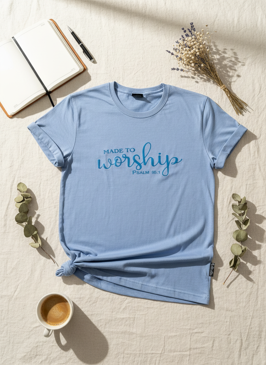 Light blue t-shirt with 'Made to worship' text on a light surface with decorative items.
