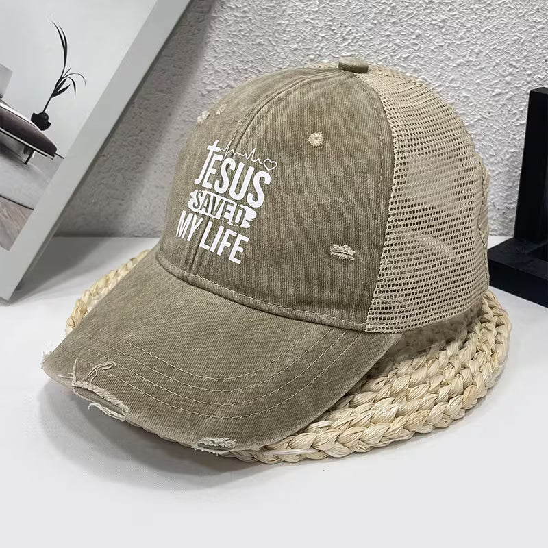 Brown cap with 'Jesus Saved My Life' 