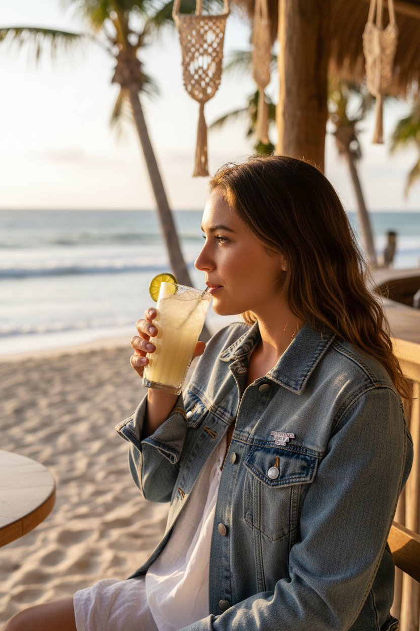 Beach café with pin on denim jacket