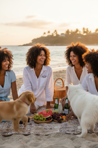 Beach picnic group with dogs