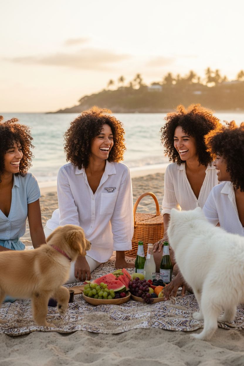 Beach picnic group with dogs