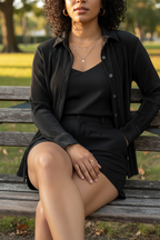 Bench detail — open shirt + black shorts