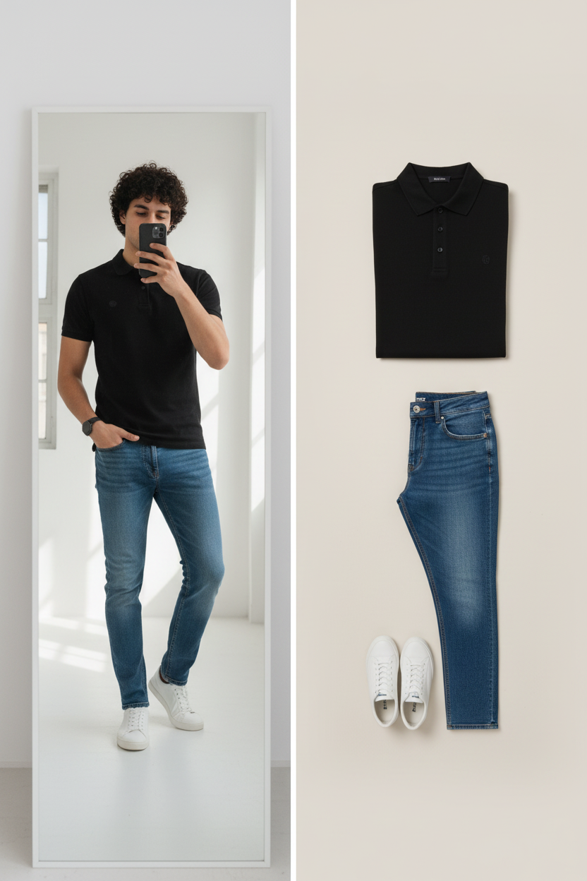 Black Polo + Denim Mirror Selfie & Flat Lay