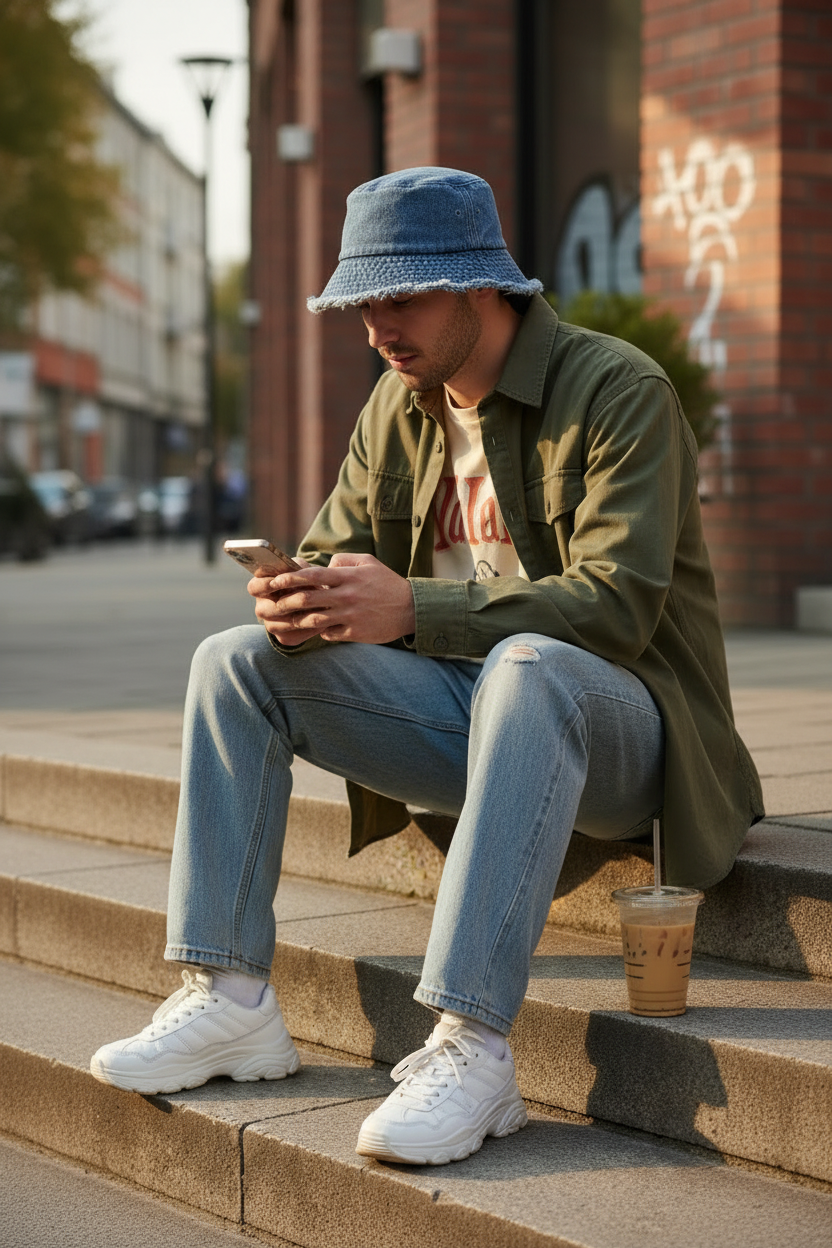 Blue bucket hat men - steps