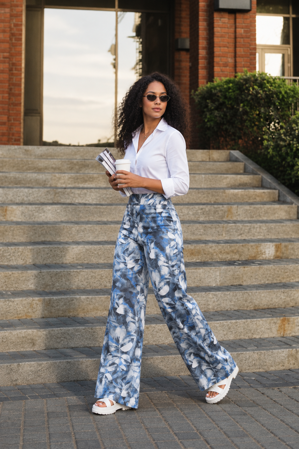Blush beige pants, steps editorial style