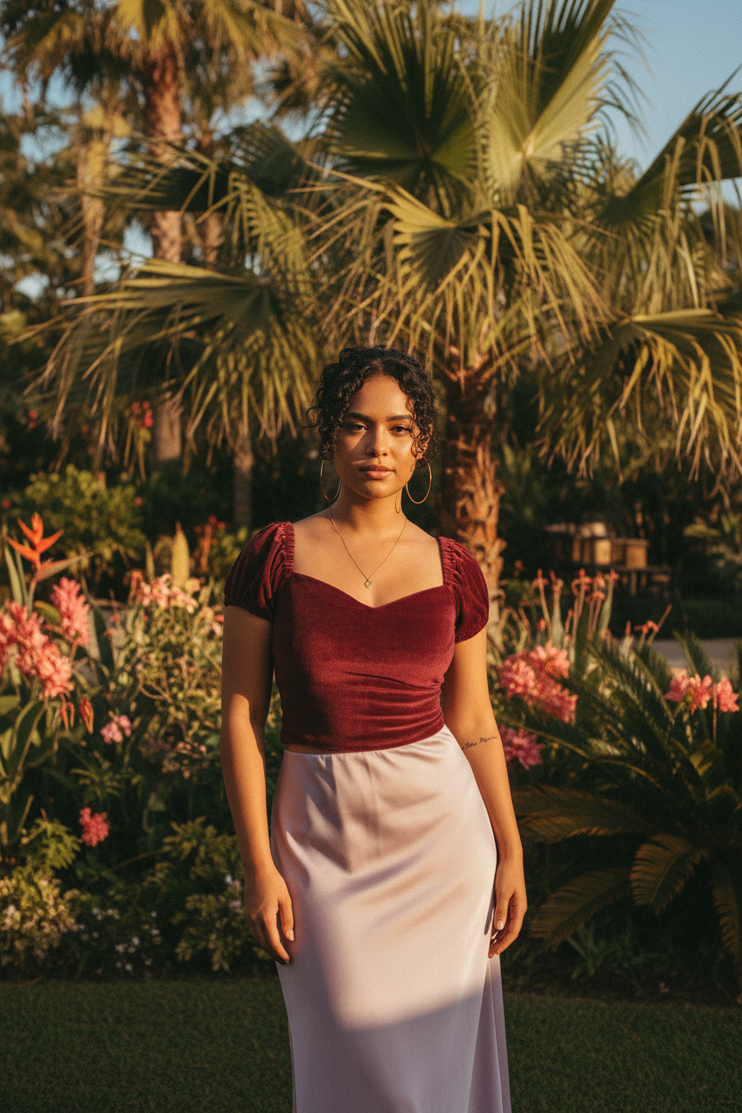 Burgundy Velvet Top – Golden Hour Lifestyle