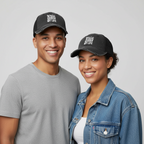 Two people wearing black baseball caps with 'Jesus Saves My Life' 