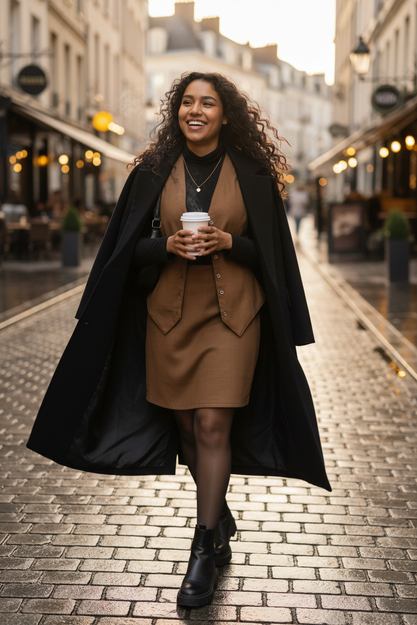 Camel Co-ord Full Body - Black Coat & Hot Coffee