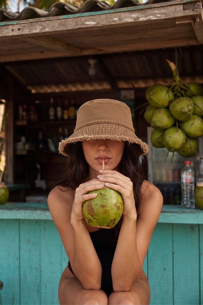 Camel distressed bucket hat coconut-bar portrait
