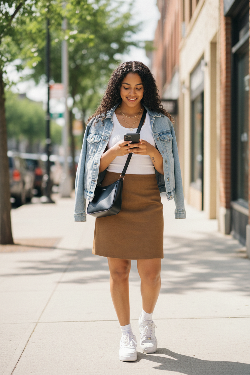 Camel Mini Skirt - Denim Jacket & White Sneakers