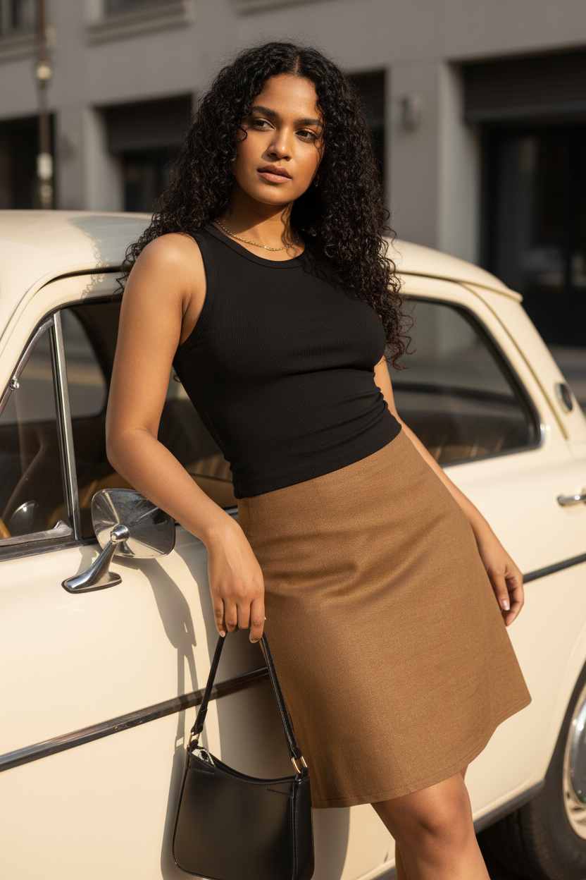 Car Door Lean - Brown Skirt Editorial