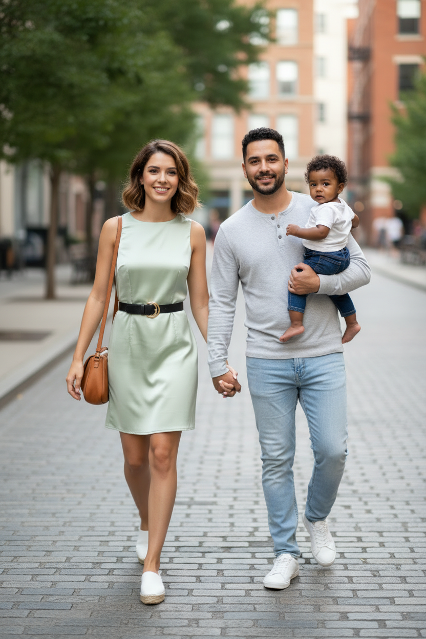 Casual family lifestyle - shorter green dress with bag and baby