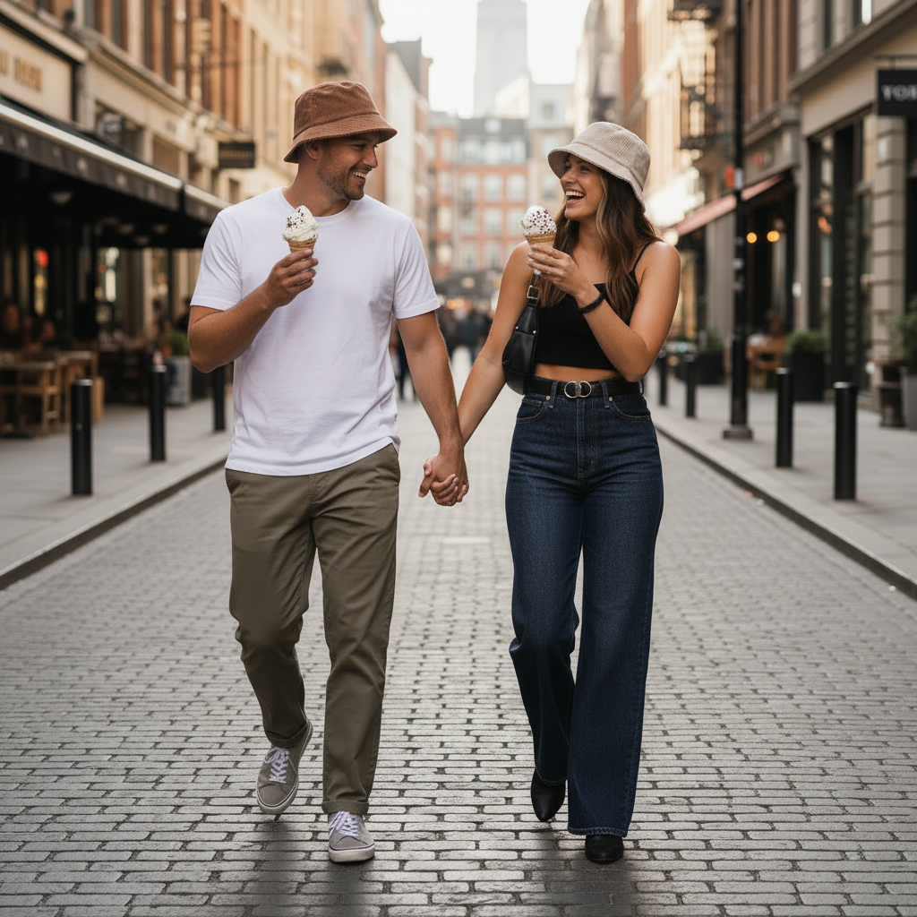 Couple eating ice cream wearing bucket hats