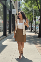 Cream Vest Open + White Tank + Camel Skirt