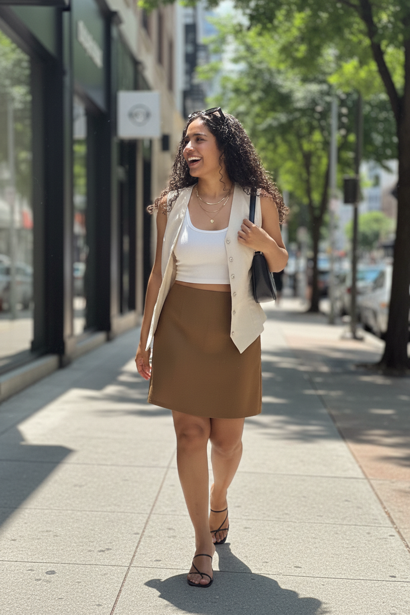 Cream Vest Open + White Tank + Camel Skirt