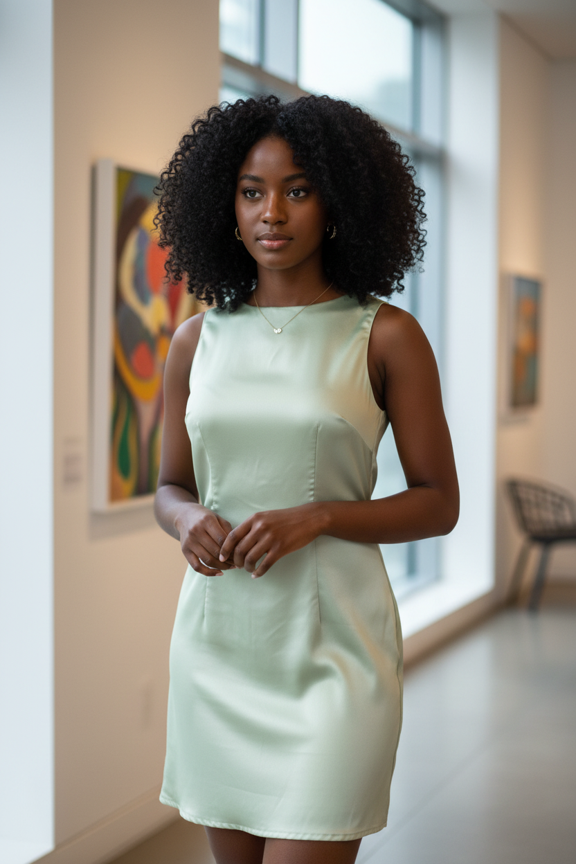 Curly-haired model in green slip dress lifestyle shot