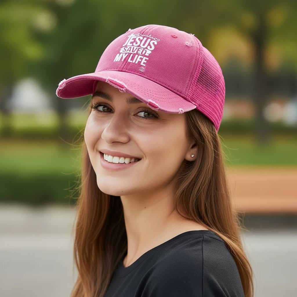 Woman wearing a pink Jesus Saved My Life cap, smiling.