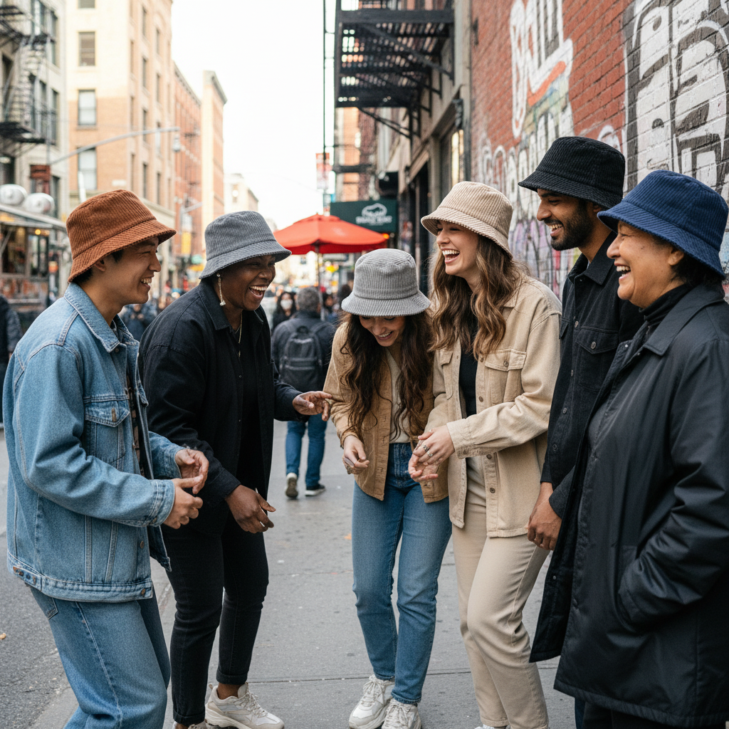 Diverse group wearing bucket hats
