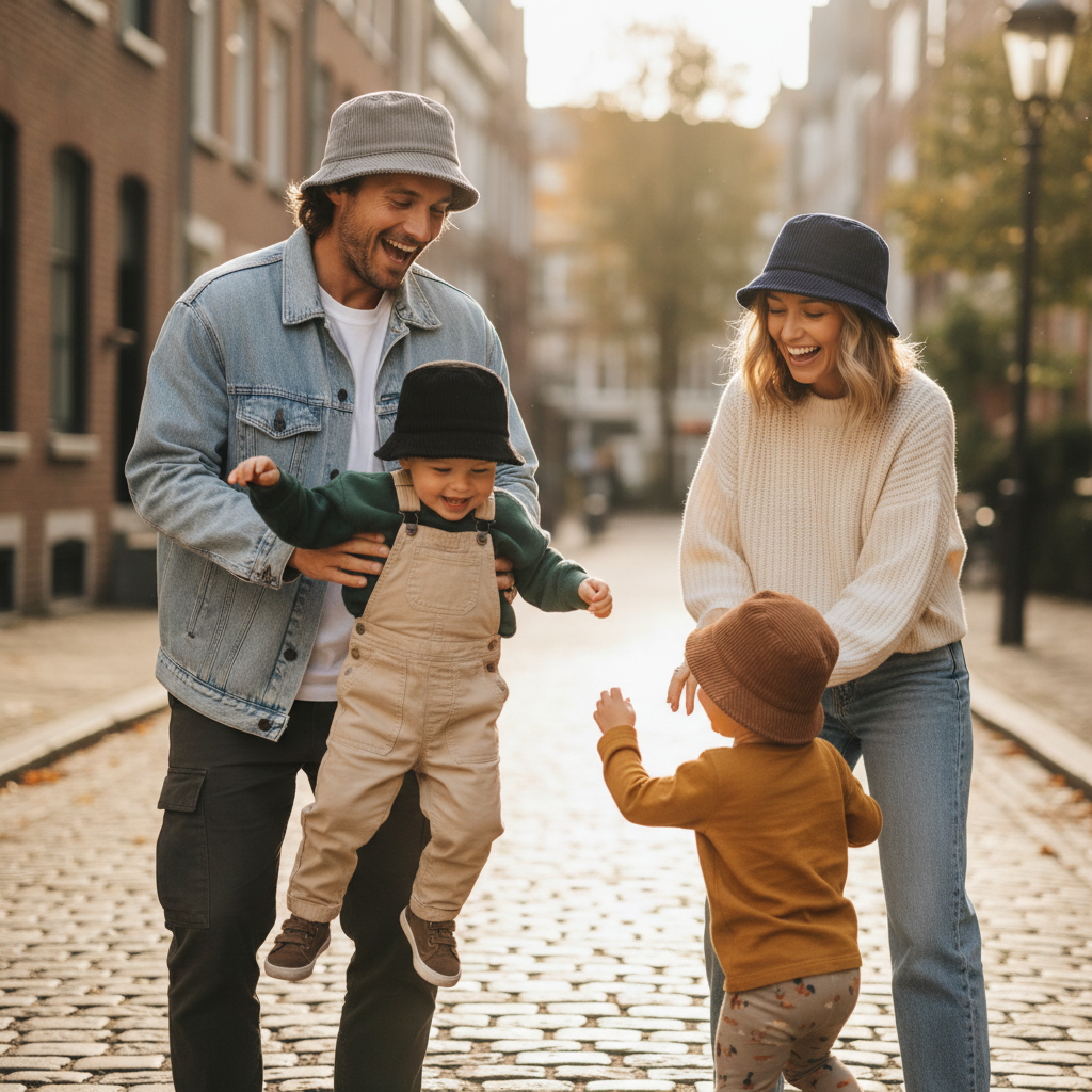 Family with kids wearing bucket hats