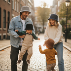 Family with kids wearing bucket hats