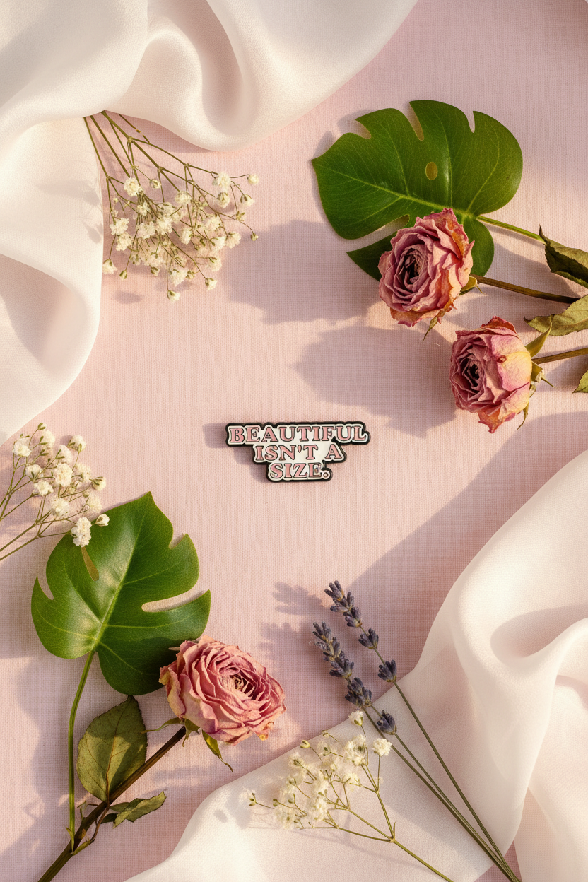Flat lay lifestyle - Beautiful Isn't A Size pin