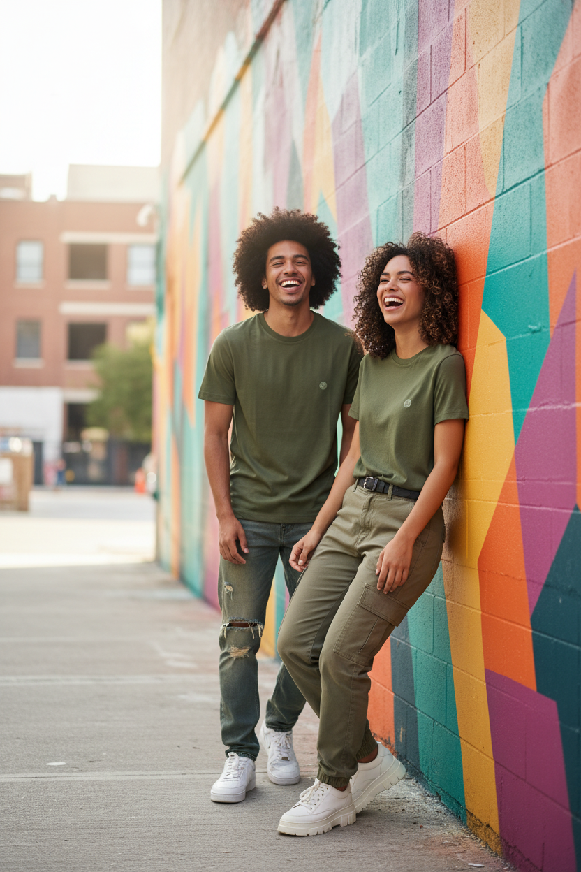 Gen Z couple in matching olive green tees against urban wall