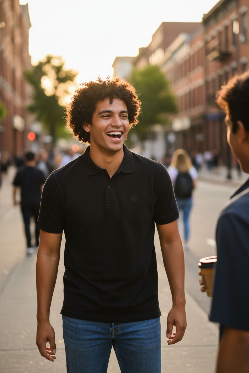 Gen Z curly hair laughing with friend v2