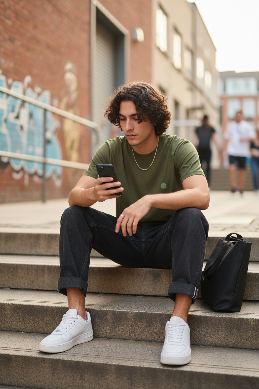 Gen Z curly haired man on steps wearing olive green tee