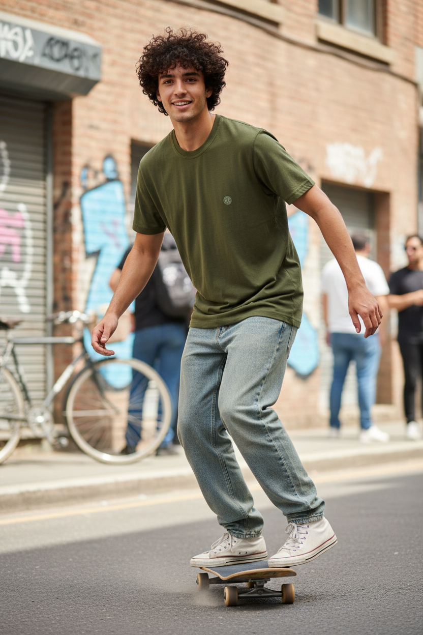Gen Z curly haired man skating wearing olive green tee